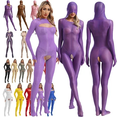 US~ Womens Oily Glossy Sheer Bodystocking Bodysuit Crotchless Catsuit Jumpsuit - Image 1 of 2