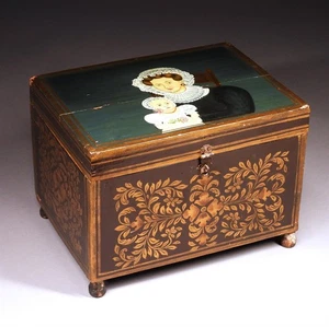 WOW! 19thC. Mother & Daughter Folk Art Portrait Gilt Scroll Document Storage Box - Picture 1 of 23