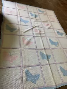 Large cream blue pink butterfly knit blanket Throw Mini Pom Pom Ends 56” X 74.5” - Picture 1 of 12