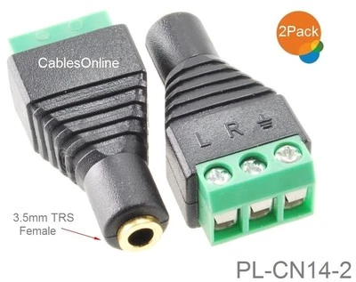 CABLESONLINE 2-Pack 3.5mm 1/8" TRS Female Jack to AV 3-Screw Terminal Block Balun Connector