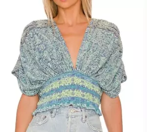 Free People Shirt Aqua Blue Smocked Combo Cropped Blouse Top NWOT - Picture 1 of 8