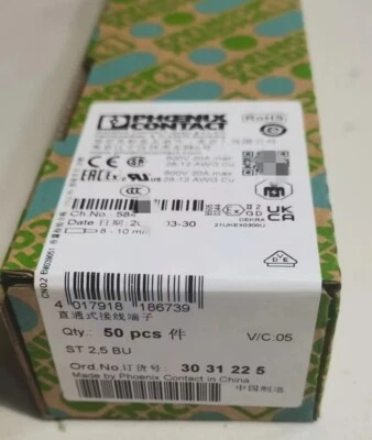 50PCS Phoenix Contact 3031225 straight through terminal block ST 2,5 BU - Image 1 of 2