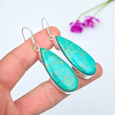 Turquoise Teardrop Gemstone Handmade Hook Earrings 925 Sterling Silver Jewelry - Image 1 of 4