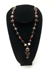 fossil Blood Amber copper brass bone Beads LONG ARTISAN NECKLACE 21" JN21 - Picture 1 of 8