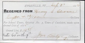 Vintage 1885 Steuerzahlungsbeleg - Castleton VT - Bild 1 von 1
