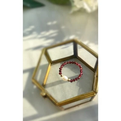 A++ Red Garnet & Peral Faceted Round Gemstone Beads Adjustable Rings For Girls - Image 1 of 4