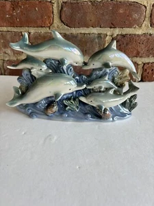Vintage Delphin Pod Familie blau Keramik irisierend Glanzgeschirr 6 Delphin Familie - Bild 1 von 7