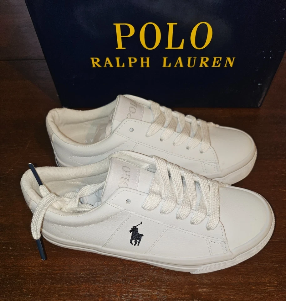 Polo Ralph Lauren Sayer Tenis Poni Cuero Blanco Azul Marino Nuevas Con Caja Niño 13 Foto 1 de 4