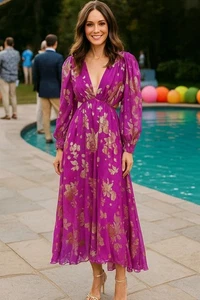 Delfi Collective Silk Gold Floral Cutout Open Long Sleeve Dress Size Small NWT - Picture 1 of 12
