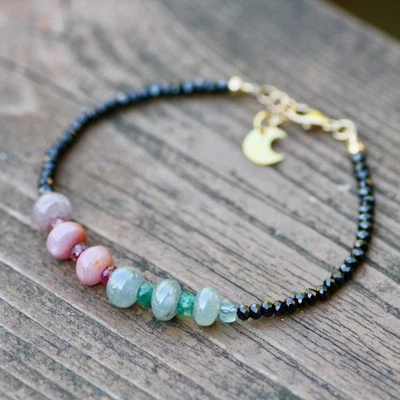 Handmade Natural Black Spinel , Emerald Sapphire Bracelet 14K Gold Filled 7.15" - Image 1 of 4