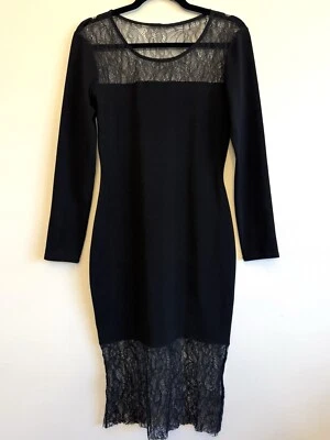 Vestido S BCBG Generation Negro Vendaje Encaje Mini Midi Manga Larga LBD Encaje Transparente Foto 1 de 4