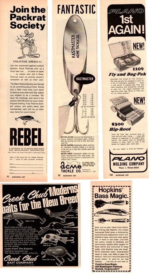 LOTE DE ANUNCIOS IMPRESOS SEÑUELOS DE PESCA 1970, ACME, HOPKINS BASS MAGIC, CREEK CHUB, ANUNCIOS REBELDES Foto 1 de 1