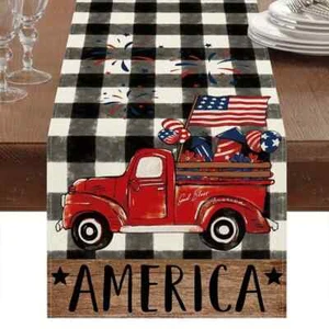 Patriotic 4th of July Plaid Table Runner 13 X 72" Red Truck Flag AMERICA - Picture 1 of 1