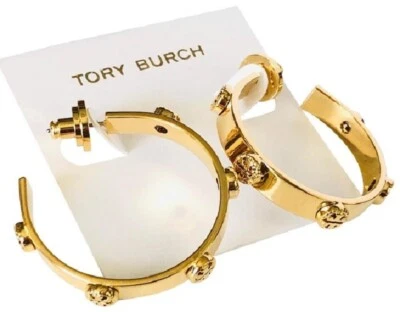 Auténtico NUEVO Pendiente Aro Tory Burch DORADO Milgrain Logo con Etiqueta y Bolsa para el Polvo Rtl $148+ Foto 1 de 4