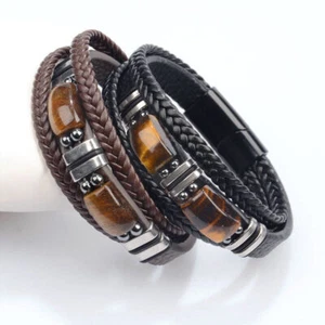 Bracciale Uomo Occhio di Tigre Multistrato Intrecciato Pelle Proteggi Braccialetto Chiusura - Foto 1 di 19