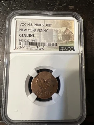 1790 The First New York Penny, VOC N.E. Indies Duit, NGC genuíno - Imagem 1 de 2