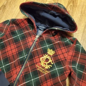 Vtg Polo Ralph Lauren Hoodie Jacket Boys 8/10 Red Plaid Zip Up Crest Logo - Picture 1 of 7