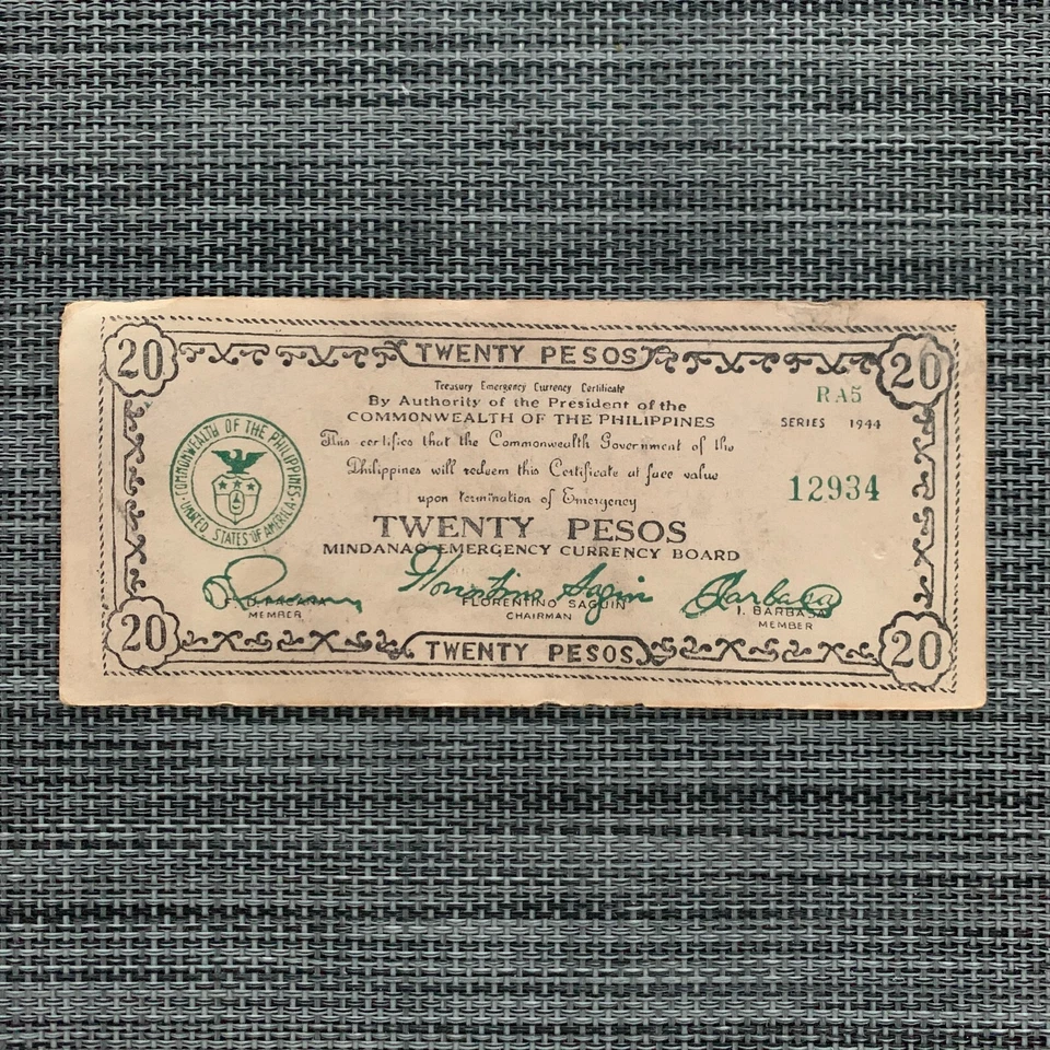 1943 Philippines Mindanao 20 Pesos WWII Emergency Banknote WW2 Currency Money - Image 1 of 3