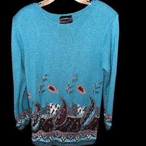 Vintage CAROLE LITTLE Aqua Needlepoint Look Hand Knit Sweater Sz L - Picture 1 of 4