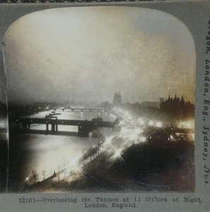 1902 Thames River Night Street Boats Buildings Keystone Antique Stereoview Card - Picture 1 of 3