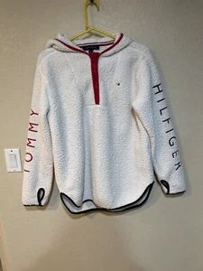 Tommy Hilfiger Damen klein (passt wie ein M) Viertelreißverschluss Hoodie Elfenbein Vlies Top - Bild 1 von 8