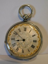 ANTIQUE SOLID SILVER POCKET WATCH SLIM KEY WINDING  - Patterned dial - Working ?