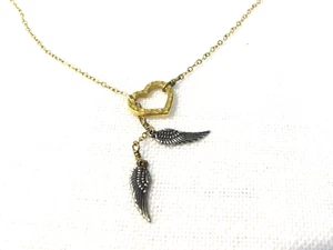 Collana unica tono oro e argento antico cuore/ala angelo-chiusura frontale-18 Inc - Foto 1 di 3