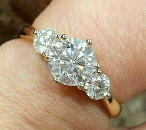 3.30Ct Moissanite Three Stone Engagement Ring 14K Yellow Gold – Round Cut - Picture 1 of 5