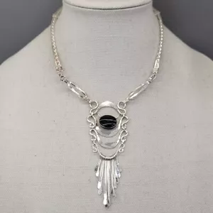 Peruvian Necklace Black Onyx Oval Silver Tone Paddle Dangles 16" - Picture 1 of 18
