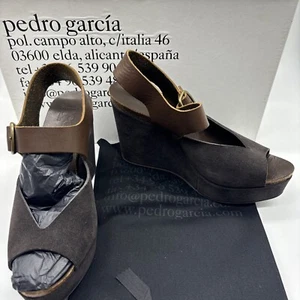 PEDRO GARCIA ~ Brown Suede Wedge Sandals with Buckle Strap EU39 US9 - Picture 1 of 6