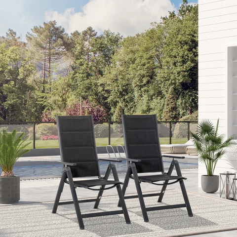Set of 2 Folding Patio Reclining Chairs w/ Padded Adjustable Backrest, Black Cover