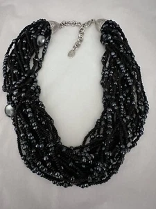 Vintage Erwin Pearl Necklace Black Seed & Blue Shimmer Glass Bead Multi Strand - Picture 1 of 18