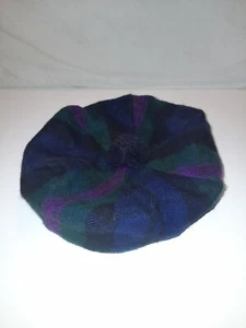 Beret Bobble Beanie Hat Plaid Lambswool 100% Size 4 Made In Scotland Elastic Fit - Picture 1 of 11