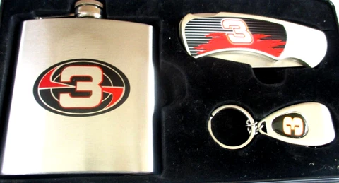 Dale Earnhardt JR #8 Pocket Knife, Flask & Key Chain Bottle Opener Tin Set Cover