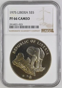 1975 Liberia 5 Dollars Silver Proof Elephant NGC PF66 Cameo - Picture 1 of 2