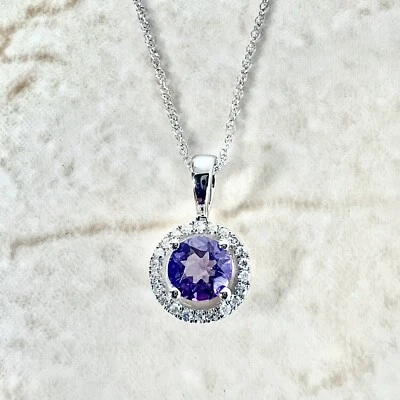14K Round Amethyst Halo Pendant Necklace - White Gold Amethyst Necklace - Image 1 of 4