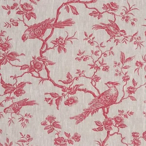 Isabelle Bird Toile Fabric Raspberry Pink 100% Linen Floral Curtains Upholstery - Picture 1 of 5