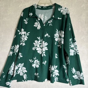 Cuddl Duds Shirt Womens XL Green Floral Collared Long Sleeve Split Neck A630206 - Picture 1 of 10