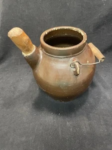 Stoneware Batter Jug Brown Antique w/wire and wood handle - Picture 1 of 8