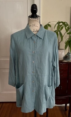 Blusa Coldwater Creek para mujer XL azul lino manga 3/4 botones bolsillos W317 Foto 1 de 4