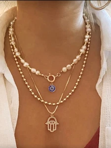 Gold Tone Hamsa Pendant 1pc layered Necklace | Evil Eye Protection Jewelry - Picture 1 of 3