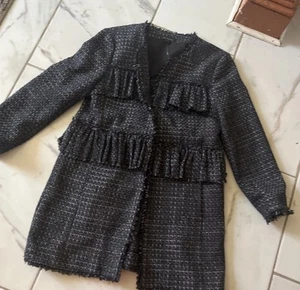 Ann Taylor Long Open Front Lined Blazer Jacket Size Medium Black Blue A5 - Picture 1 of 3