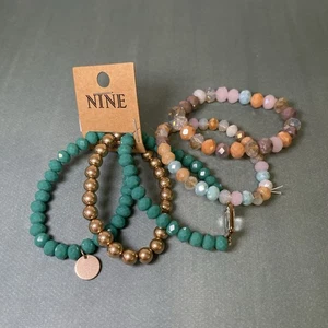 NINE Women’s Beaded Stretch Bracelet Set Teal Gold & Pastel Multi Strand - Picture 1 of 6