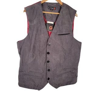 G by Guess Men's Corduroy Vest XXL Gray Red Lined Faux Leather Trim NWT - Picture 1 of 9