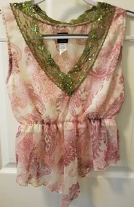 Vtg NWT Y2K XOXO JEANS Boho/Fairy Sleeveless Sheer Sequin V Neck Paisley Top S - Picture 1 of 9