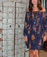 Blue Short Dress Floral Print Fit Flare Off Shoulder Cinched Waist Casual Dress 