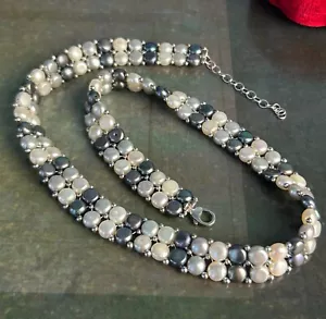 STERLING SILVER 925 Bead White Peacock Cultured Pearl Necklace Multi Strand 47cm - Picture 1 of 14