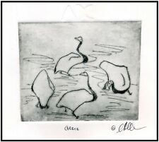 Four Curvy GEESE. Oriental-Style Original Modernist Expressionist ETCHING Signed