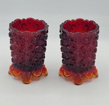 Pair Daisy & Button Amberina Glass Votive Holders Peg Candle Cup Wax Catchers