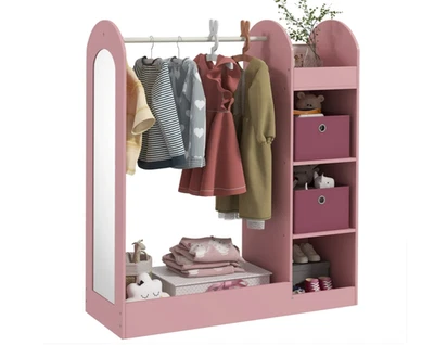 👉 Kids Clothes Rail with Storage Shelf, Boxes & Mirror – Children’s Wardrobe Or — 第 1/4 张图片